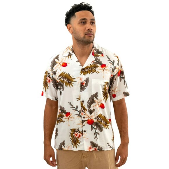 Vintage Hawaiian Orchids White Shirt Medium Two Palms Men's - Picture 1 of 6